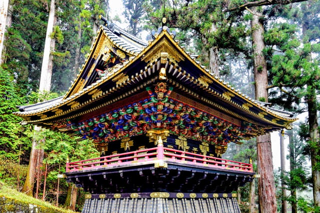Edificio sagrado lacado y ornamentado entre altos cedros en Nikko, Japón
