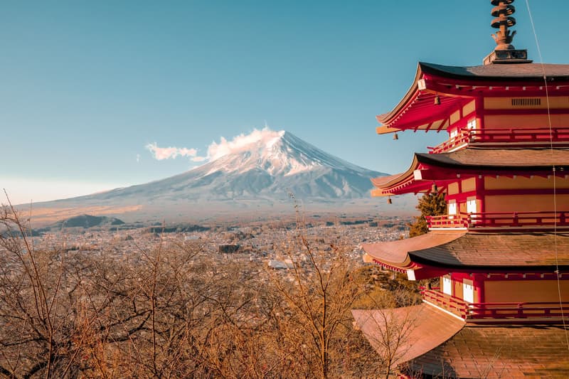 A picturesque view of the iconic Mount Fuji with the Chureito Pagoda during a clear day.