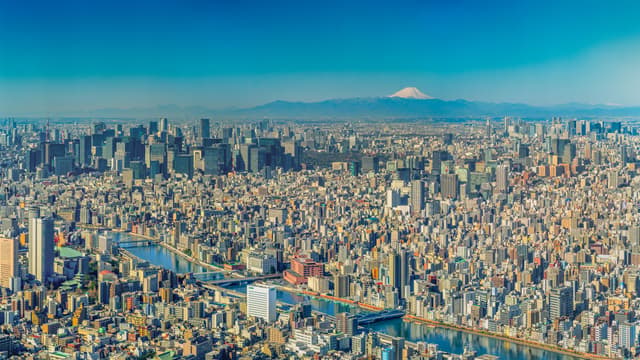 Skyline de Tokio con el monte Fuji en el horizonte, Japón
