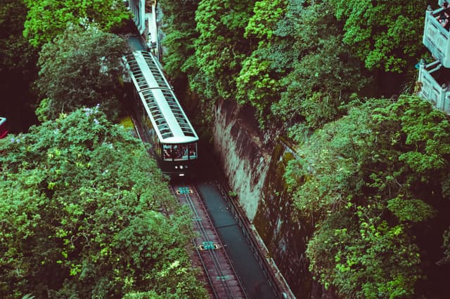 The Peak Tram climbing through green forest on Hong Kong Island