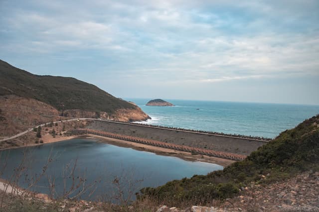 High Island Reservoir dam and the open sea in Sai Kung, New Territories